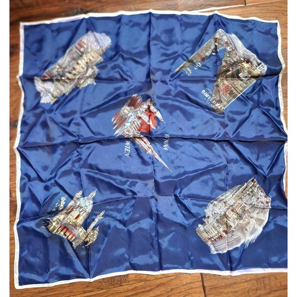 Vintage Navy Blue Vienna Austria Scenery Scarf with Stitched Hem*Burgtheatre - Picture 1 of 8
